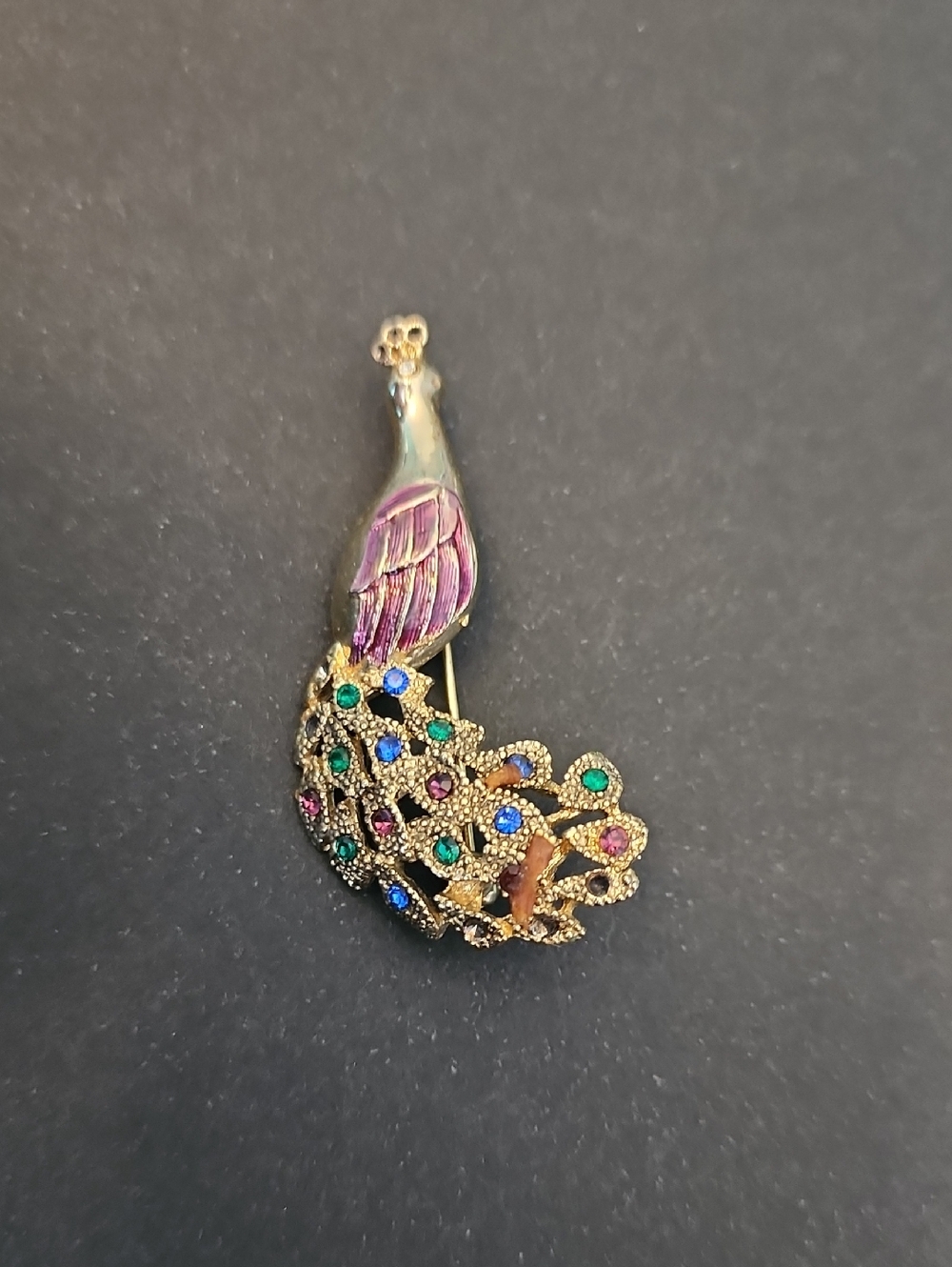 Gold-Tone Peacock Brooch with Pink and Multicolor Stones